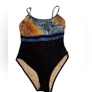 Carol Wior Black One-Piece Swimsuit with Blue and Gold Animal-Print Bodice